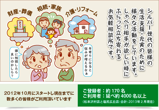 シルバー世代の皆様の生活支援・充実のために様々な活動をしています。しゃべり相手が欲しい時にふらっと立ち寄れるお気軽相談所です。